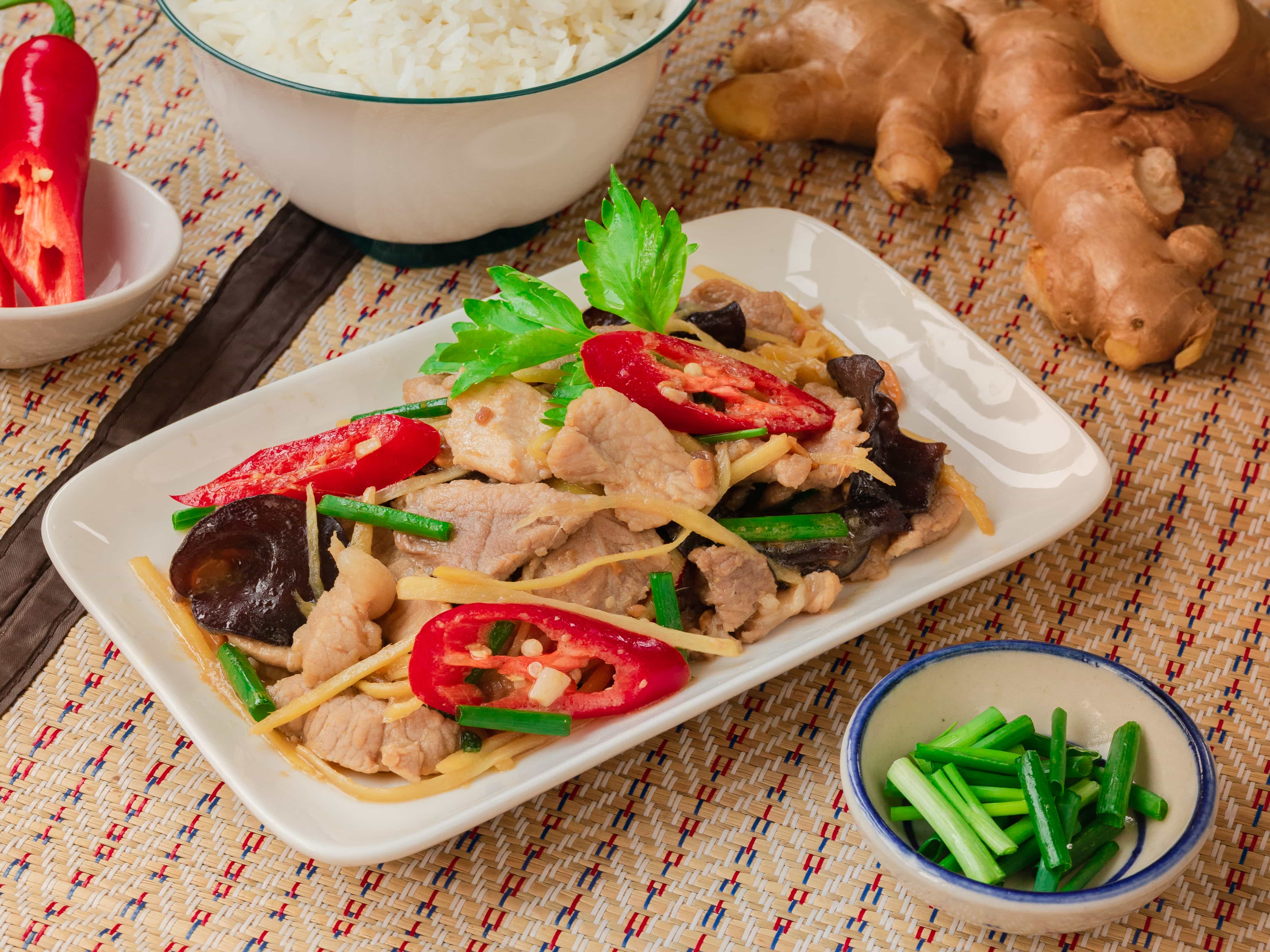 Pad Khing ginger stir-fry Thai dish at Chalerm Thai Bistro Lakeport CA
